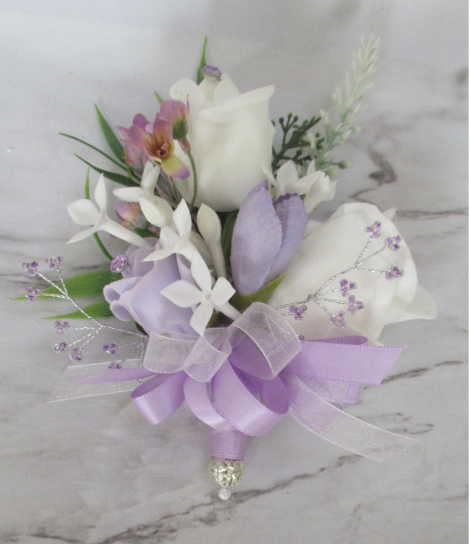 lilac & white in on corsage, wedding corsage, the floral touch uk
